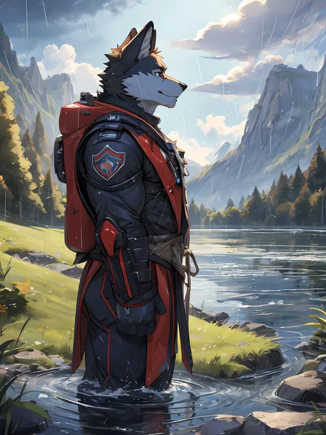 furry,bara,White fox,masculine,standing in the middle of the lake,Look up at the sky.,There were tears coming out..,A gloomy face..,The water was at waist level..,yam&#39;Heavy rain.,(((Highly detailed images,HDR,10)))(((Side View)))