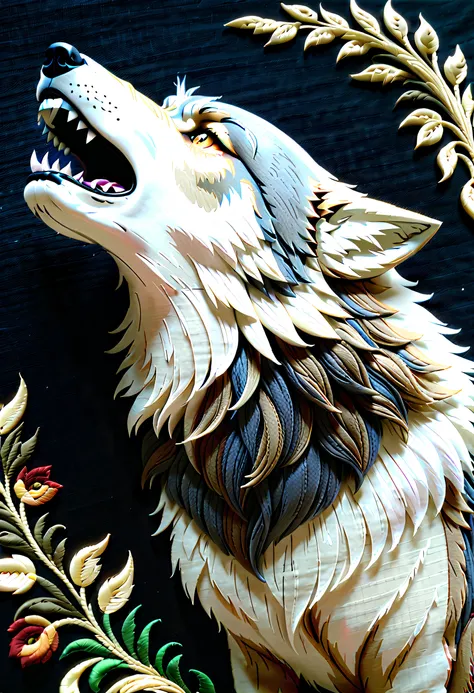 (((Beautiful fabric embroidery art:1.3))), (((Detailed embroidered wolf howl like a movie:1.3))), Super realistic fabric embroidery, Embroidery inspired by dark fantasy, A night of mystery and fantasy, embroidery with intricate details, hightquality, Highe...