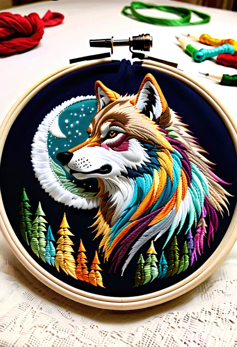 (((beautiful fabric embroidery art:1.3))), (((detailed embroidered wolf howl like a movie:1.3))), super realistic fabric embroid...