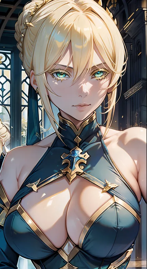 (Artoria Pendragon (Lancer) (fate)), adult female, elegant, braided bun, blonde, green eyes, (yellow eyelashes), curvaceous, huge breasts, bare shoulders, blue leotard, cleavage cutout, elegant face, close-up portrait, high resolution, extremely detail 8k.