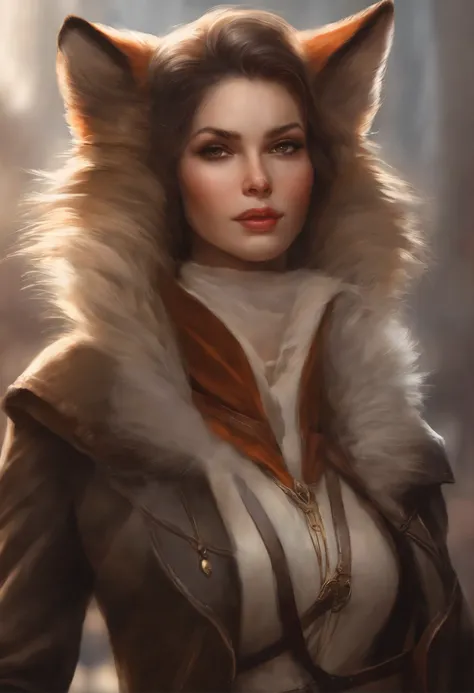 真实感, dark fantasy style, John Tolkien style, Small painting by Jean-Baptiste Monge,   Close-up of a woman with a fox head and fur collar, fantasy concept art portrait, a beautiful fox lady, portrait of an elf queen, artgerm portrait, Drawn in artgerm style...