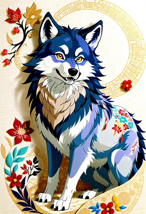 kimono design that covers everything, (((embroidery works using threads of all colors:1.4))), (((howling wolf like in the movie:...