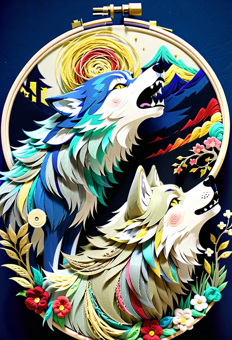 (((Embroidery works using threads of all colors:1.4))), (((howling wolf like in the movie:1.3))) (((Intricate and delicate embroidery:1.3))), Embroidery inspired by Ukiyo-e, A night of mystery and fantasy, embroidery with intricate details, hightquality, H...