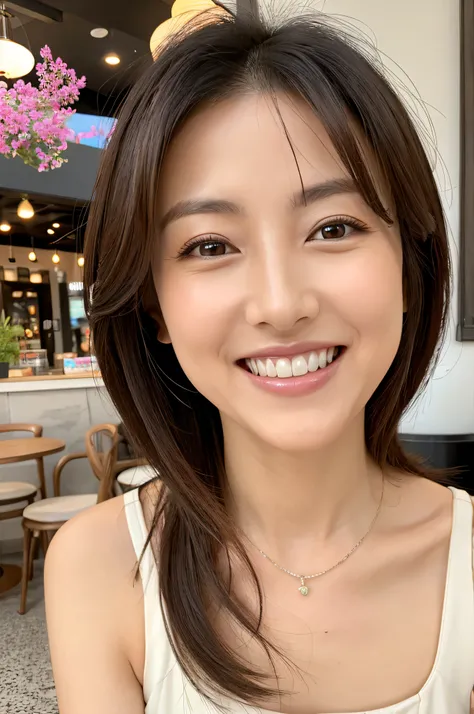 Highest resolution, 4K, Masterpiece: 1.3), A Japanese milf, photo of one lady, Sexy: 1.1, fine eyes, Slender figure, Realistic teeth, double eyelids, smile, full body, best quality, detailed, beauty, a married woman, at the cafe