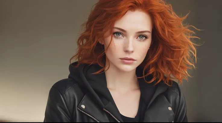 a photo of a seductive woman with loose styled (redhead hair:1.1), bored, she is wearing a hoodie and black leather jacket and leggings, mascara, (textured skin, skin pores:1.1), (moles:0.8), imperfect skin, goosebumps, flawless face, (light freckles:0.9),...