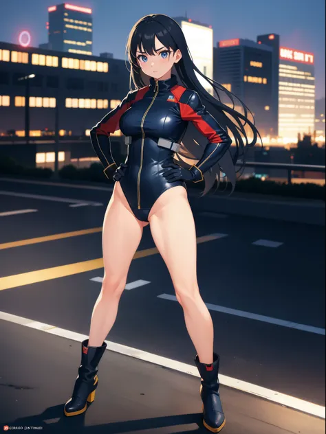 1girl, medium breasts, leotard, bare legs, tight belt, boots, gloves, city backdrop, solo, single, hands on hip, standing, energy emitting from her body, full body shot, cowboy shot, superhero, beautiful detailed eyes, power