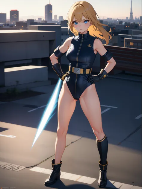 1girl, medium breasts, leotard, bare legs, tight belt, boots, gloves, city backdrop, solo, single, hands on hip, standing, energy emitting from her body, full body shot, cowboy shot, superhero, beautiful detailed eyes, power