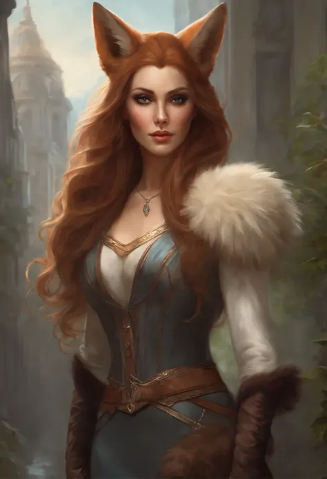 真实感, dark fantasy style, John Tolkien style, Small painting by Jean-Baptiste Monge,   Close-up of a woman with a fox head and fur collar, fantasy concept art portrait, a beautiful fox lady, portrait of an elf queen, artgerm portrait, Drawn in artgerm style...