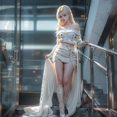 ((girl standing on the stairs in the office)),((posterior view))、((Looks Back))、、bright expression、Young shiny shiny white shiny skin、Best Look Rondo Reflective Light、Platinum blonde hair with dazzling highlights、shiny light hair,、Super long silky straight...