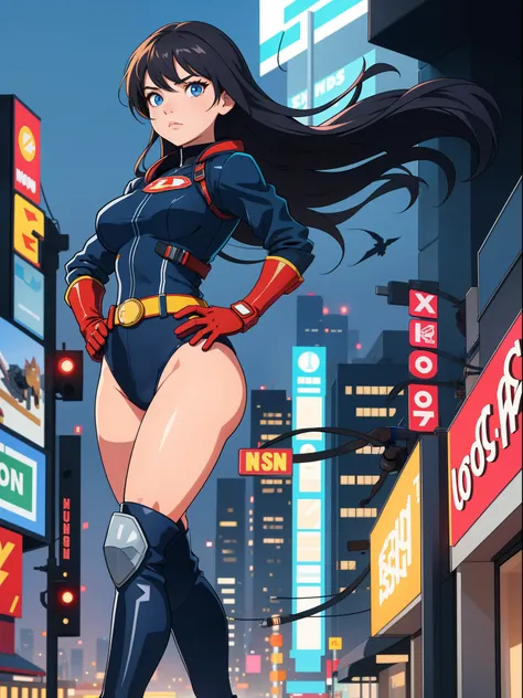 1girl, medium breasts, leotard, bare legs, tight belt, boots, gloves, city backdrop, solo, single, hands on hip, standing, energy emitting from her body, full body shot, cowboy shot, superhero, beautiful detailed eyes, power, mature lady