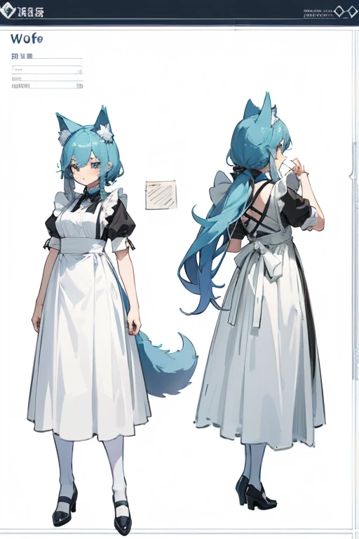 (Masterpiece, Best Quality) Detailed, Character Sheet, wolf ears, thick eyebrows, body complet, maid outfit