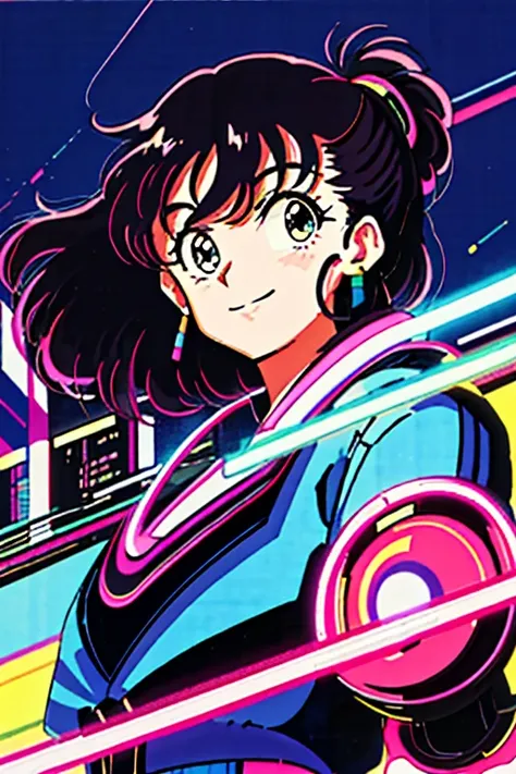 masterpiece, best quality, 1girl, city pop, night, neon lights, looking at viewer, body at an angle, upper body, slight smile, excited face, vector illustration, 80s clothing, long hair, 80s, old, art, neo tokyo, synthwave, abstract background, 80s anime, ...