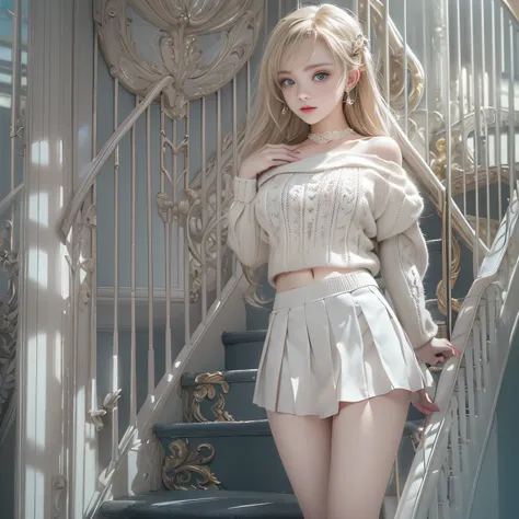 ((girl standing on the stairs in the office)),bright expression、Young shiny shiny white shiny skin、Best Look Rondo Reflective Light、Platinum blonde hair with dazzling highlights、shiny light hair,、Super long silky straight hair、Beautiful bangs that shine、Gl...