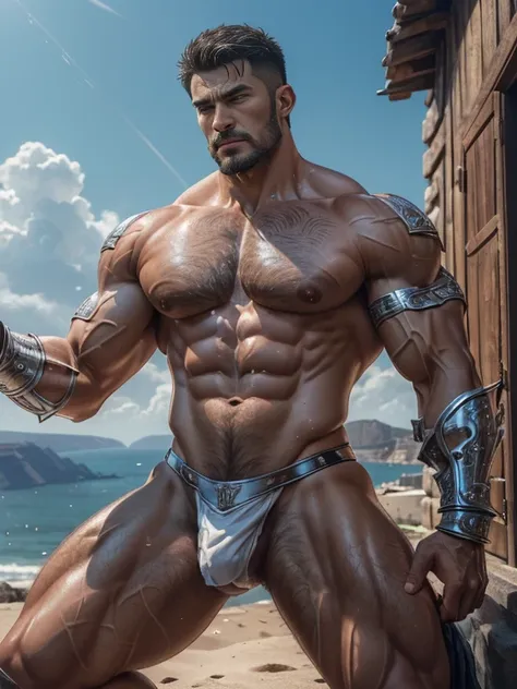 (Handsome(brunetong wings、angelicales、8K quality、Greek white buildings on background！Santorini seaside！ctextured skin,!Single Eyelids!petty eyes！Summer outdoors at the beach！Poor equipment！、well built、dark skin texture,!！186ＣＭ！68 kg!skiny and thin！There is...