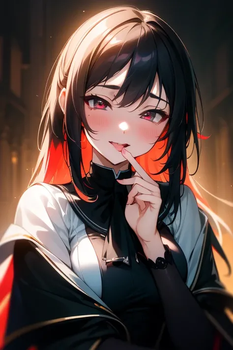 masterpiece, best quality, (colorful), (delicate eyes and face), volumetric light, ray tracing, extremely detailed CG unity 8k wallpaper, serana, 1girl, red eyes, looking at viewer, upper body, ahegao, blush, rolling eyes, tongue out, gloomy castle, dark,