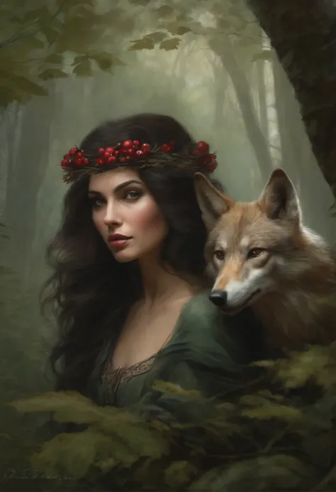 真实感, dark fantasy style, John Tolkien style, Small painting by Jean-Baptiste Monge, picture of a woman and a wolf in the forest, graphic artist magali villeneuve, magali villeneuve, by Cynthia Sheppard, Anne Stokes, inspired by Magali Villeneuve, Magali Vi...