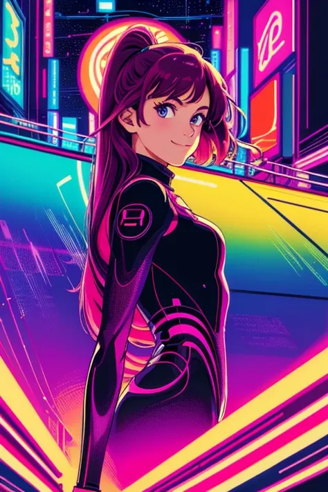 masterpiece, best quality, 1girl, city pop, night, neon lights, looking at viewer, body at an angle, upper body, slight smile, excited face, vector illustration, 80s clothing, long hair, 80s, old, art, neo tokyo, synthwave, abstract background, 80s anime, ...