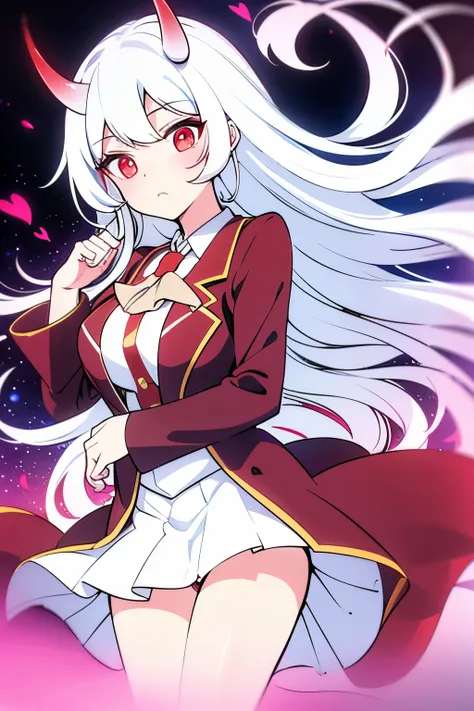 tmasterpiece，highest  quality，1girll，red eyes，white  hair， horn,jk suit