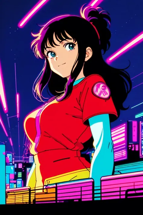 masterpiece, best quality, 1girl, city pop, ghibli style, akira, night, neon lights, looking at viewer, body at an angle, upper body, slight smile, excited face, vector illustration, 80s clothing, long hair, 80s, neo tokyo, synthwave, abstract background, ...