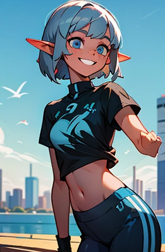 1 sister, Young woman, 20yr old, sporty attire, , Belly up, Focus Women, bshoulder, Broken, silber hair, (Short hair detailessy  hair), Elf cut, Bright blue eyes, (Happy),(Hefty Smile), black t-shirts,