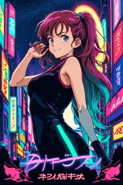 masterpiece, best quality, 1girl, city pop, ghibli, akira, night, neon lights, looking at viewer, body at an angle, upper body, ...