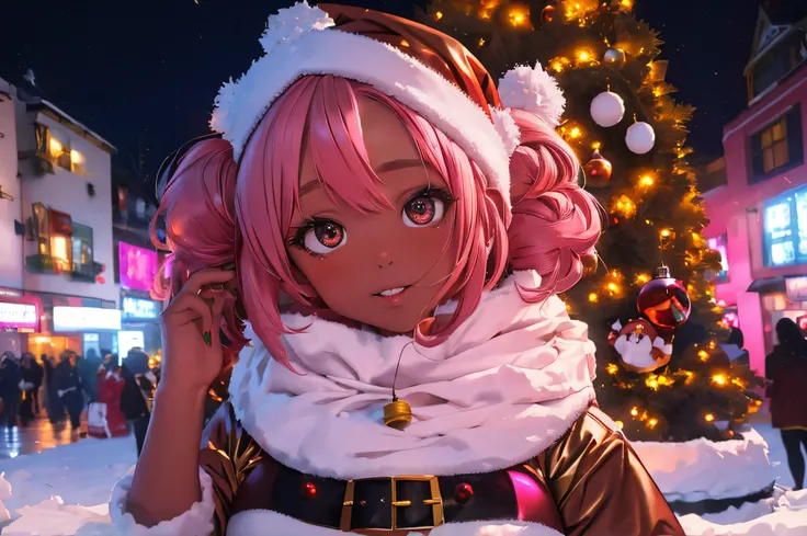 In a snowy city in winter,Voluminous and fluffy Santa costume,Christmas tree,Beautiful and fantastic night view,pink hair,black Eyes,There are many gifts and ornaments around, (((brown skin girl)))