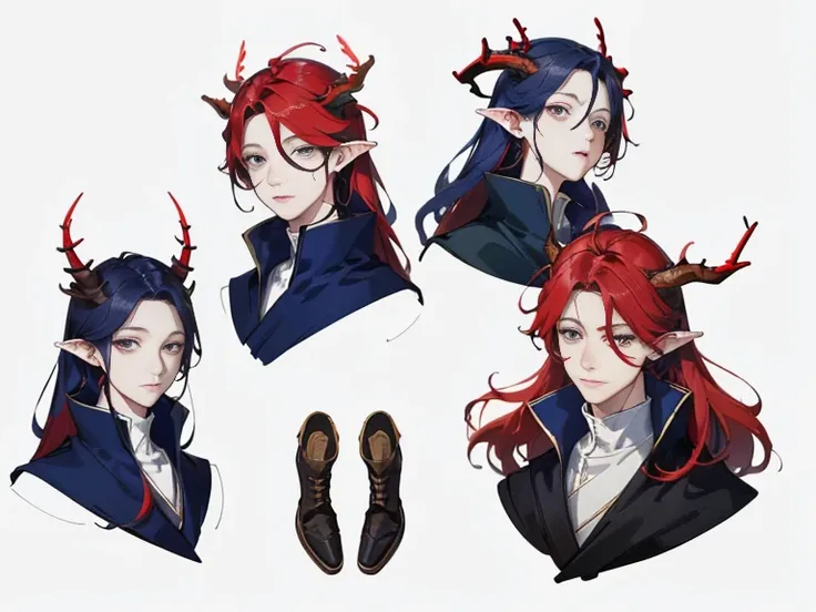 male, detailed young with red skin,navy blue hair, two thin horns,dressed as a druid,illustartion,realistic,harmonious colours,n...