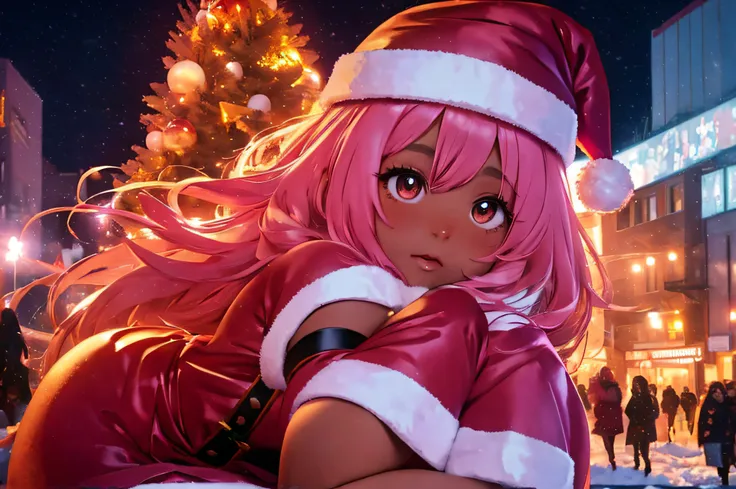 In a snowy city in winter,Voluminous and fluffy Santa costume,Christmas tree,Beautiful and fantastic night view,pink hair,black Eyes,There are many gifts and ornaments around, (((brown skin girl)))