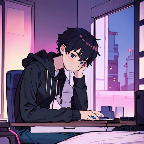 Anime boy sitting at desk，Equipped with computer and desk lamp, Loepfe Art Style, lofi art, Atey Ghailan style, by Artie Guerlain, Inspired by Liam Wong, inspired by Atey Ghailan, Lo-Fi illustration style, lofi portrait, Harry Potter in Cyberpunk, praise, ...