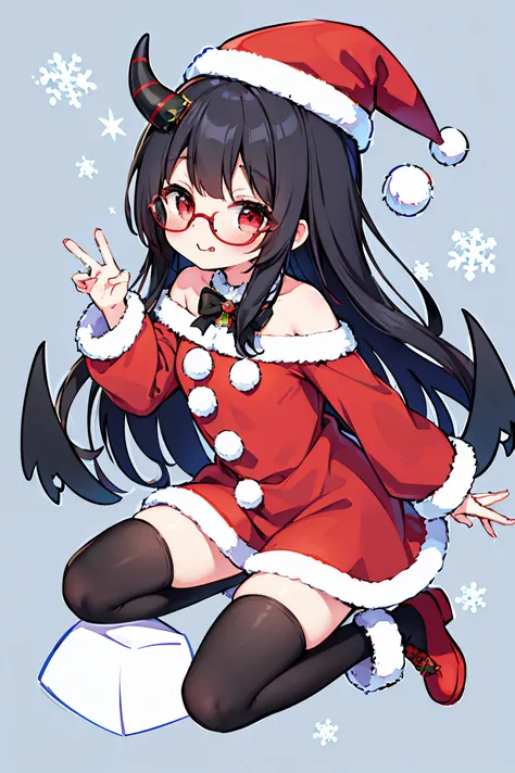 "anime girl, 1 person, black hair, shoulder length hair, red eyes, glasses, white horns, discreet, santa outfit, santa shirt, santa hat, winter outfit, big breasts, stockings,  licking lips, small black wings on back, solo, front view, falling snow, Christ...