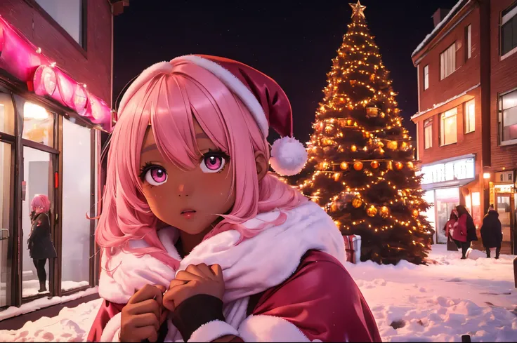 In a snowy city in winter,Voluminous and fluffy Santa costume,Christmas tree,Beautiful and fantastic night view,pink hair,black Eyes,There are many gifts and ornaments around, (((brown skin girl))), pink