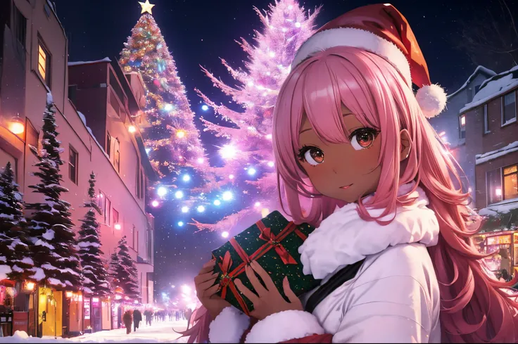 In a snowy city in winter,Voluminous and fluffy Santa costume,Christmas tree,Beautiful and fantastic night view,pink hair,black Eyes,There are many gifts and ornaments around, (((brown skin girl)))