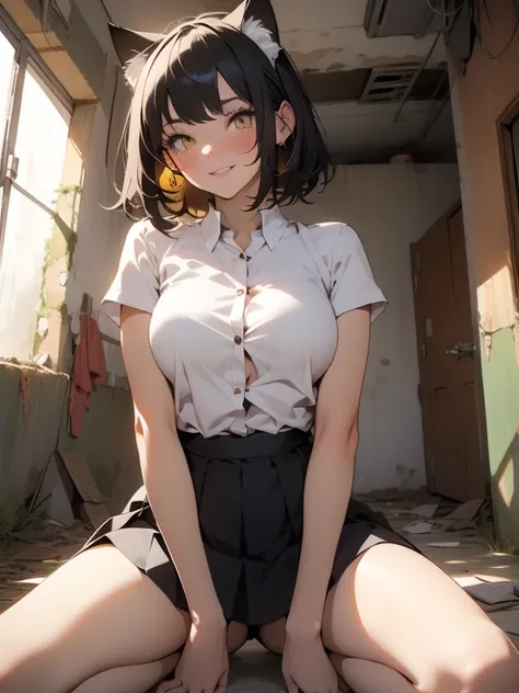 (best quality, masterpiece:1.2), 1 girl, mischievous smile, (medium breasts:1.4), cat ears on head, helpless girl, submissive girl, black hair, short hair, beautiful eyes, yellow eyes, nude, spread legs, one hands on breasts, up skirt, transparent black sk...