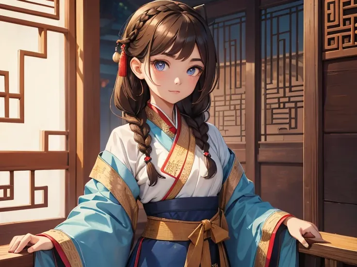 a smart girl，Full body like，Brown hair，Black pupils，White skin，twice as good，There is a hairpin on the head，Side eyebrows with twisted braids，A shallow smile，Wearing traditional Chinese clothing，Hanfu and blue color matching clothes，white backgrounid，