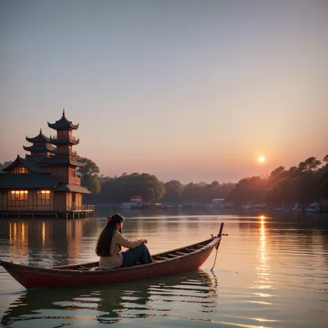 A woman sits on a boat watching the sunset，The scene is Jiangnan water town --auto --s2