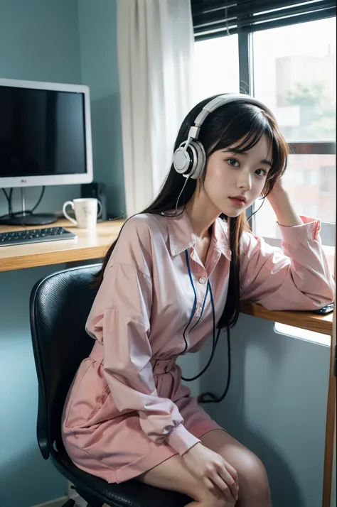 anime character sitting in a chair with headphones and a computer, lofi artstyle, digital anime illustration, detailed 2d illustration, 8 0 s anime vibe, lofi art, streaming on twitch, lofi girl, 2d illustration, 2d illustration, anime still, illustrative ...