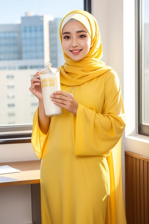 (Masterpiece, 4k, uhd),, a girl wearing a hijab, graceful pose, radiant face, happy smile, beautiful, glowing skin, wearing hijab clothes, bright clothes, golden yellow clothes, holding a glass of milk, a little milk spills from the glasocus on the glass),...