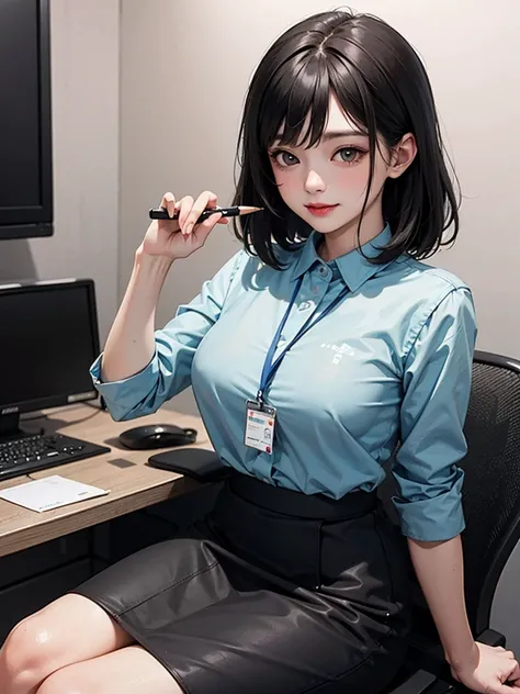 (modern office indoors), 1lady solo, (black medium hair) bangs, (office casual pencil skirt green), (id card), blush kind smile, (masterpiece best quality:1.2) delicate illustrations high resolution ultra-detailed, large breasts