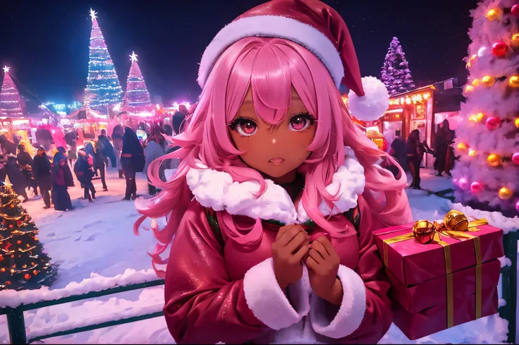 In a snowy city in winter,Voluminous and fluffy Santa costume,Christmas tree,Beautiful and fantastic night view,pink hair,black Eyes,There are many gifts and ornaments around, (((brown skin girl))), pink night