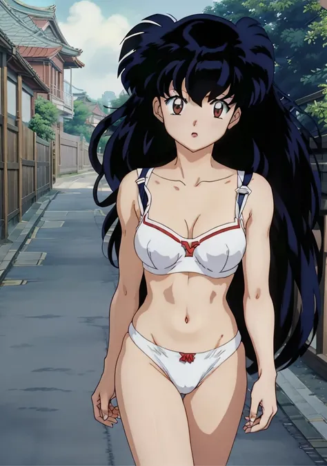 Kagome、animesque、((femele))、Perfect litthing、warm colors、Photorealsitic、(hyper realisitic:1.2)、perfect  eyes、Walking down the street to school、(Rumiko Takahashi:1.25)、Underwear、White underwear、White bra、white panty、Underwear with a small area、in ones under...