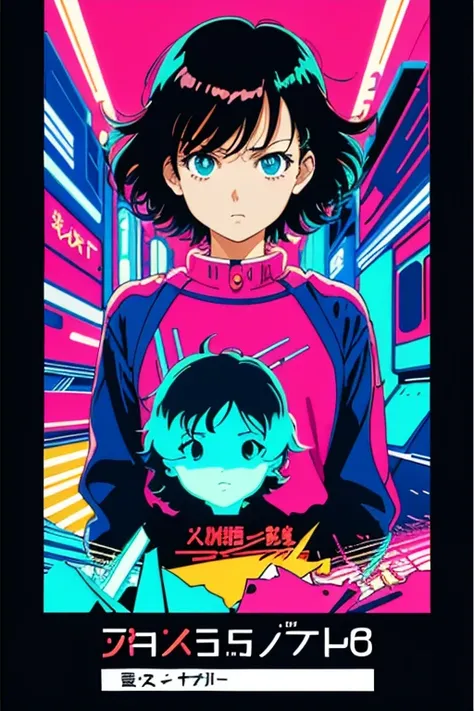 masterpiece, best quality, 1girl, city pop, akira, kyoto animation, night, neon lights, looking at viewer, worried expression, vector illustration, 80s clothing, short hair, 80s, synthwave, abstract background with shapes, manga panel, 80s anime, retro pos...