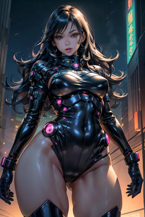 1 milf, 美丽的面容, big eye, large full breasts, thighs thighs thighs thighs, cybernetic body parts, Short underwear, (Background with: Night view of future cyber city), masutepiece, Realistic, impossible details, top-quality