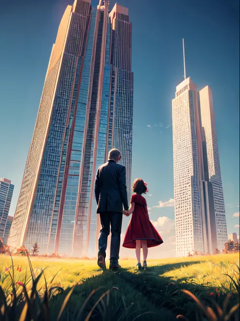 a father holding hands with his small daughter in red dress, in a field of grass, cinematic, skyscrapers, cosmic sky