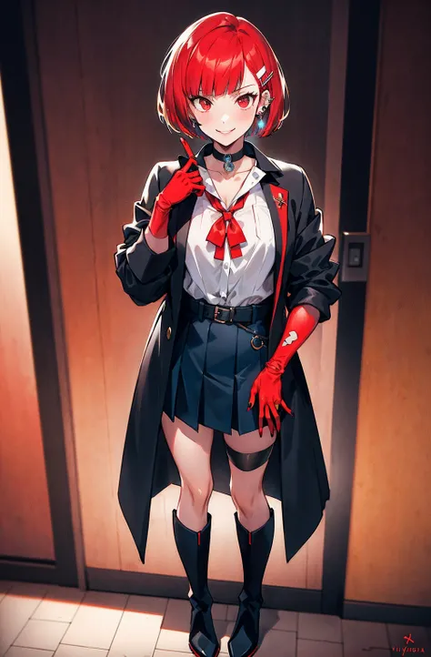 in the style of persona 5, smal breast, delinquent, (sukeban), mature_female, blush, mature, older woman, 25 years old, Sukeban teacher outfit, (1girl, solo female, solo, solo focus)++++, choker, sukeban school teacher, sukeban school fighter, long_sleeves...