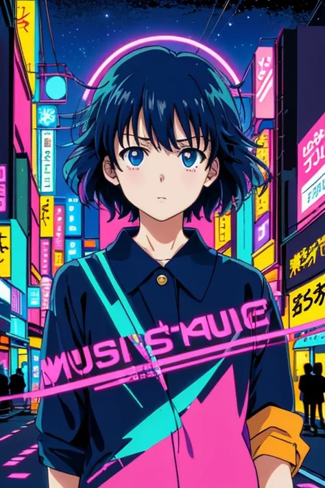 masterpiece, best quality, 1girl, kyoto animation, night, neon lights, looking at viewer, worried expression, frowned eyebrows, vector illustration, 80s clothing, short hair, bangs, 80s, synthwave, abstract background, manga, 80s anime, retro poster, pop-a...