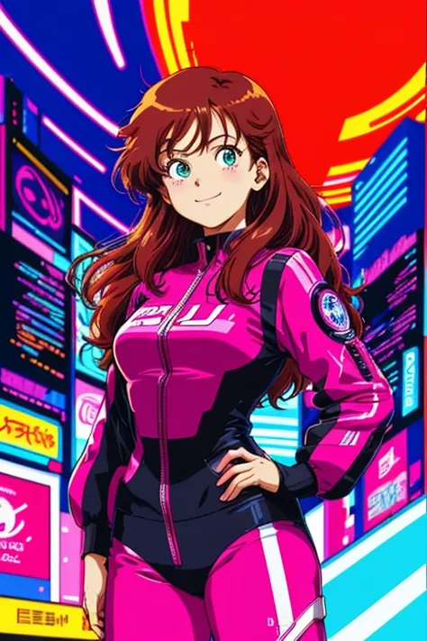 masterpiece, best quality, 1girl, city pop, akira, night, neon lights, looking at viewer, slight smile, excited face, vector illustration, 80s clothing, long hair, 80s, synthwave, abstract background, graphic, manga, 80s anime, retro poster