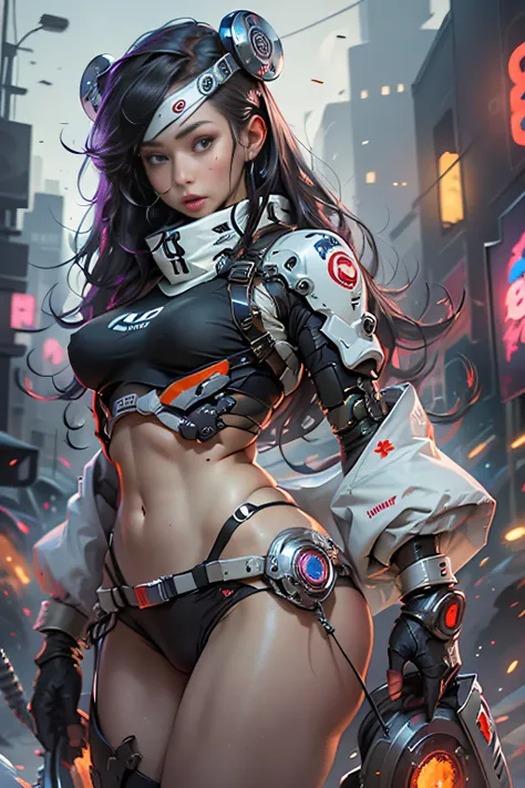 1 milf, 美丽的面容, big eye, (large full breasts), (cybernetic body parts), Short underwear, Cowboy Shot, (Background with: futuristic cyberspace battlefield),  (depth of fields), ​masterpiece, Realistic, impossible details, top-quality