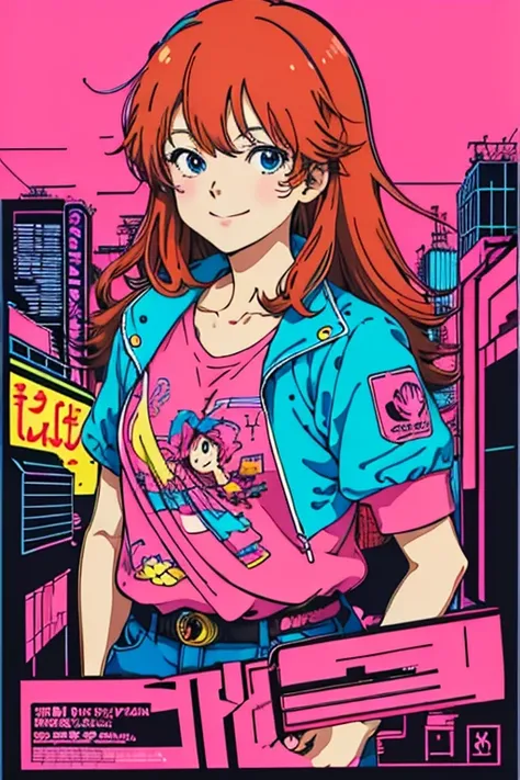 masterpiece, best quality, 1girl, city pop, akira, kyoto animation, kyoani, night, neon lights, looking at viewer, slight smile, excited face, vector illustration, 80s clothing, long hair, 80s, synthwave, abstract background, graphic, manga, 80s anime, ret...