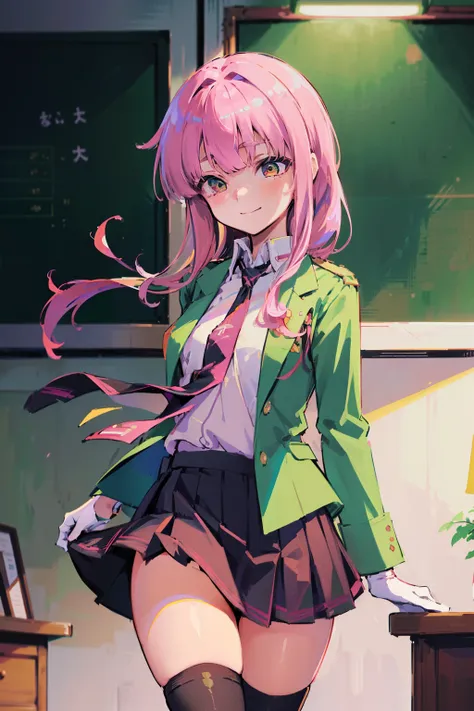 shiranui kaya, (best quality:1.3), (masterpiece:1.3), (illustration:1.3), (ultra-detailed:1.3), ((Best quality)), pink hair, ((school uniform, green uniform, necktie, black skirt, )) gloves, green coat, standing, knee-high socks, teenager, smile, indoors,