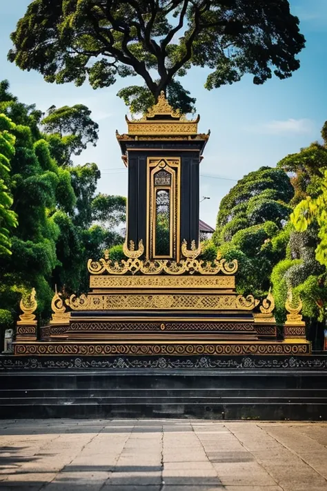 photography, real life, 8K quality, detailed, city with a gate, gate carved in intricate, beautiful detail gate, (gate add text BANYUWANGI),monument to General Soedirman, at the roundabout on the city road, 3 mini cooper